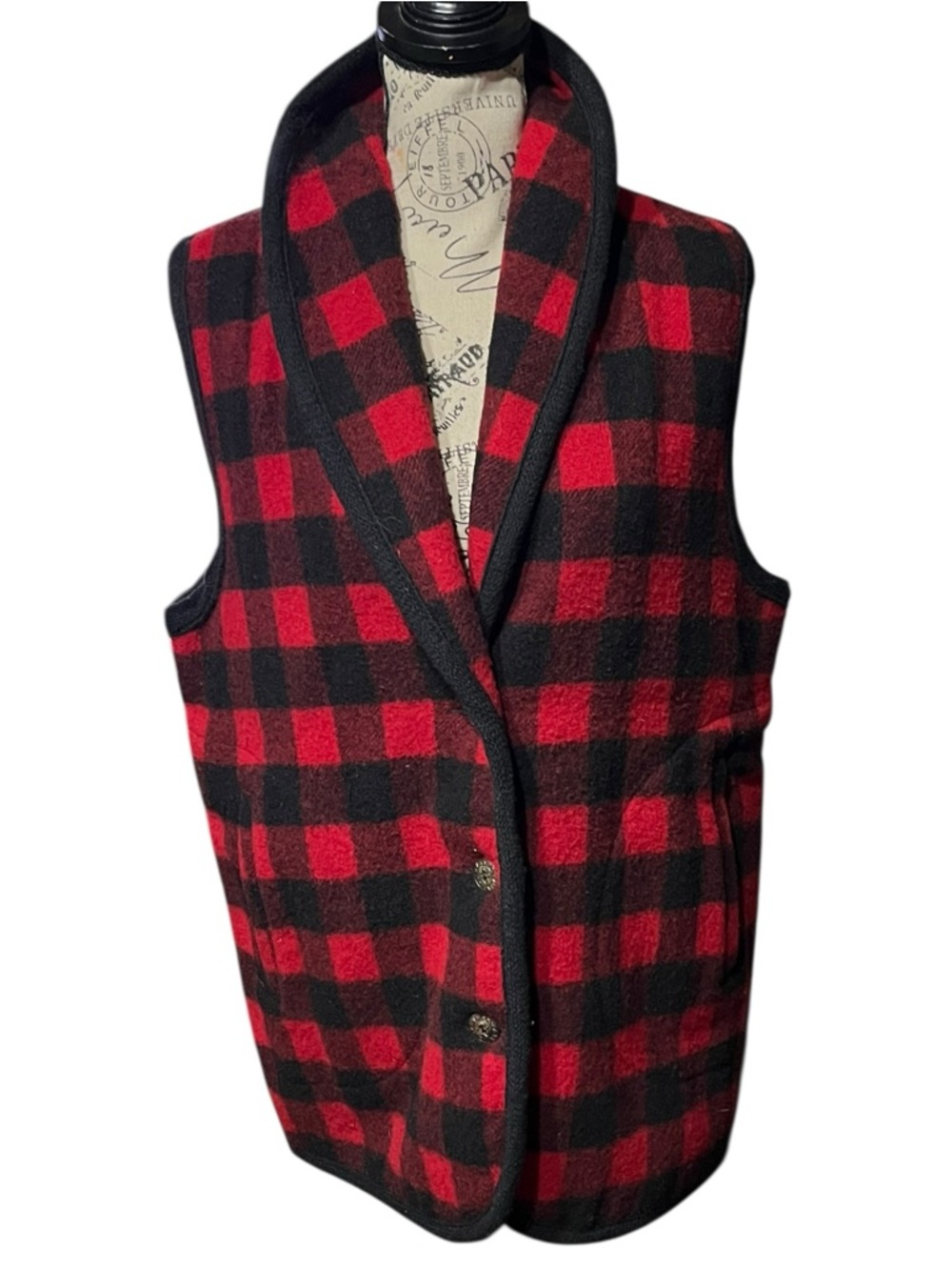 Red & Black Buffalo Plaid Shawl Collar Wool Vest